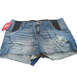 Isabel Maternity Distressed Jean Shorts 14/32  Women New Side Elastic Midi Short